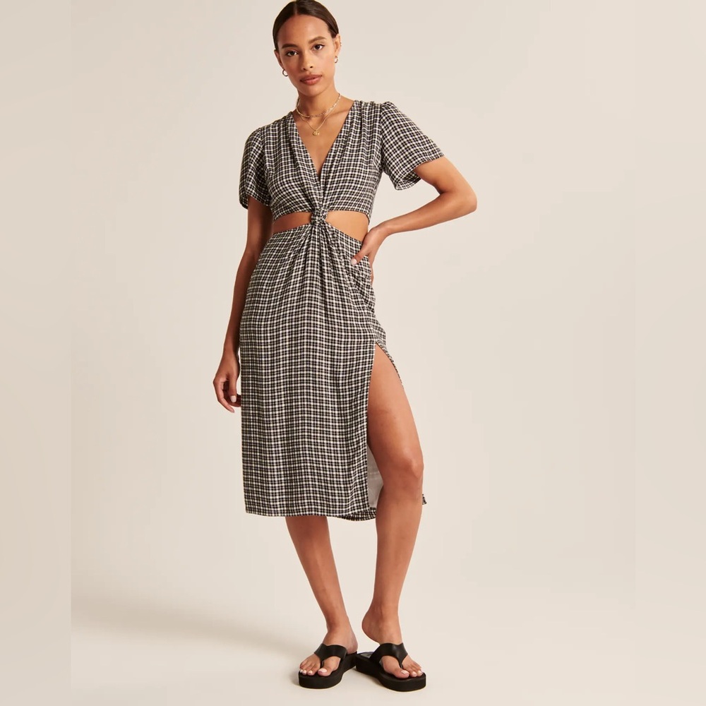 ABERCROMBIE AND FITCH Knot-front Cutout Midi Dress in Gingham M